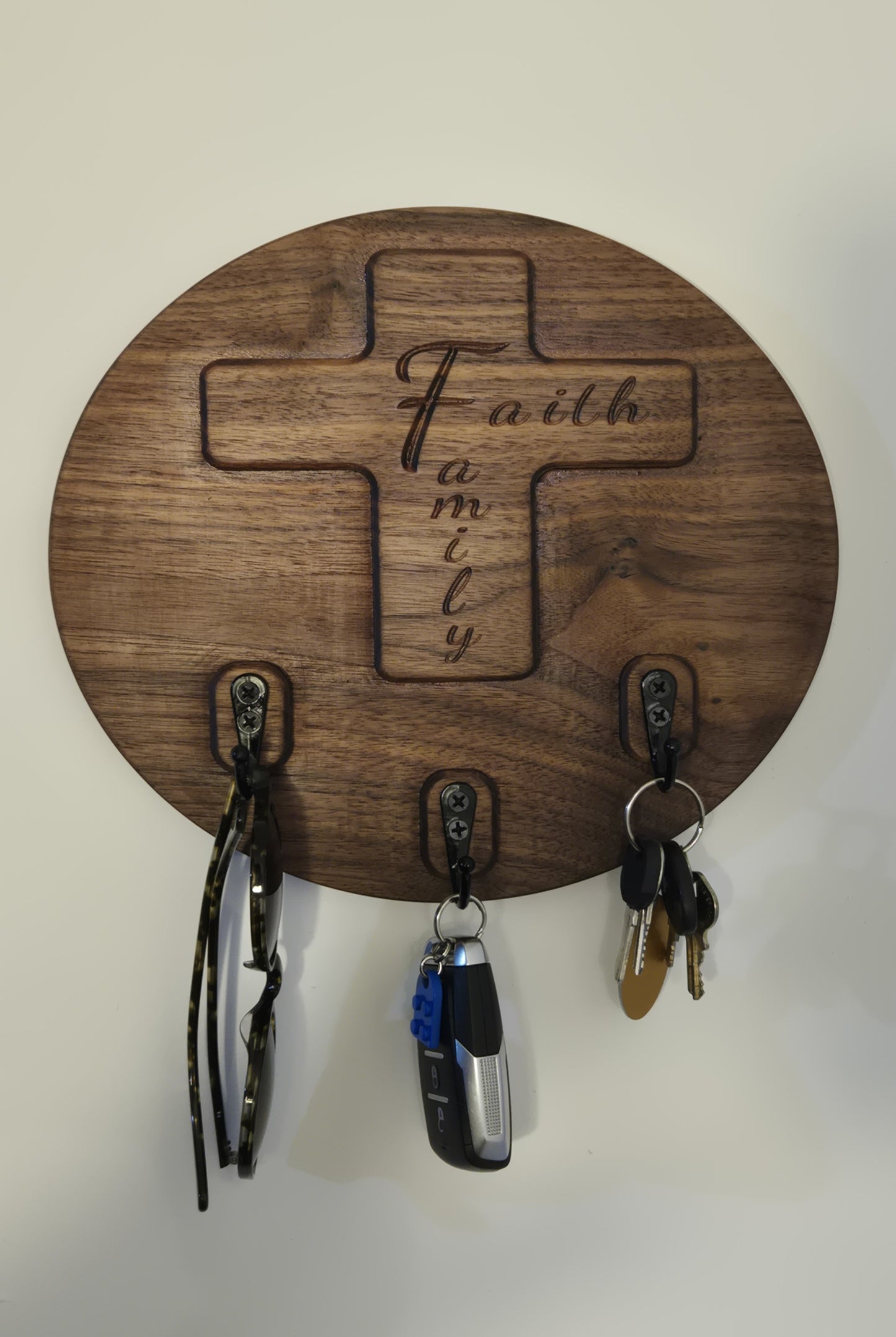 Faith & Family Solid Wood Cross Key Holder | Wall-Mounted Key Ring Organizer