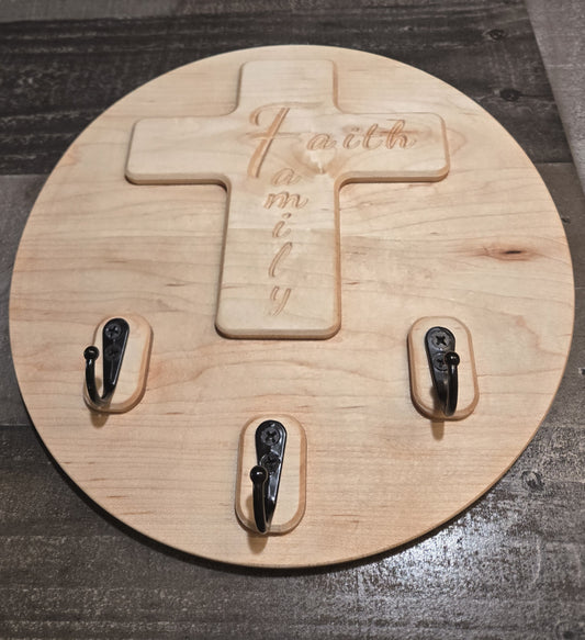 Faith & Family Solid Wood Cross Key Holder | Wall-Mounted Key Ring Organizer