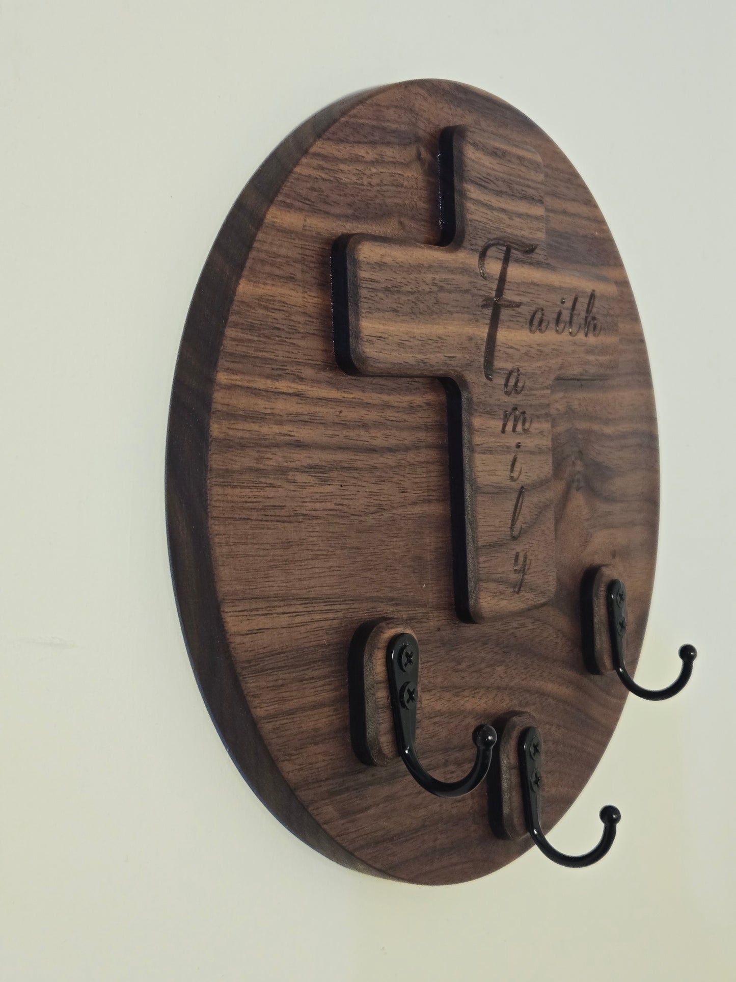 Faith & Family Solid Wood Cross Key Holder | Wall-Mounted Key Ring Organizer