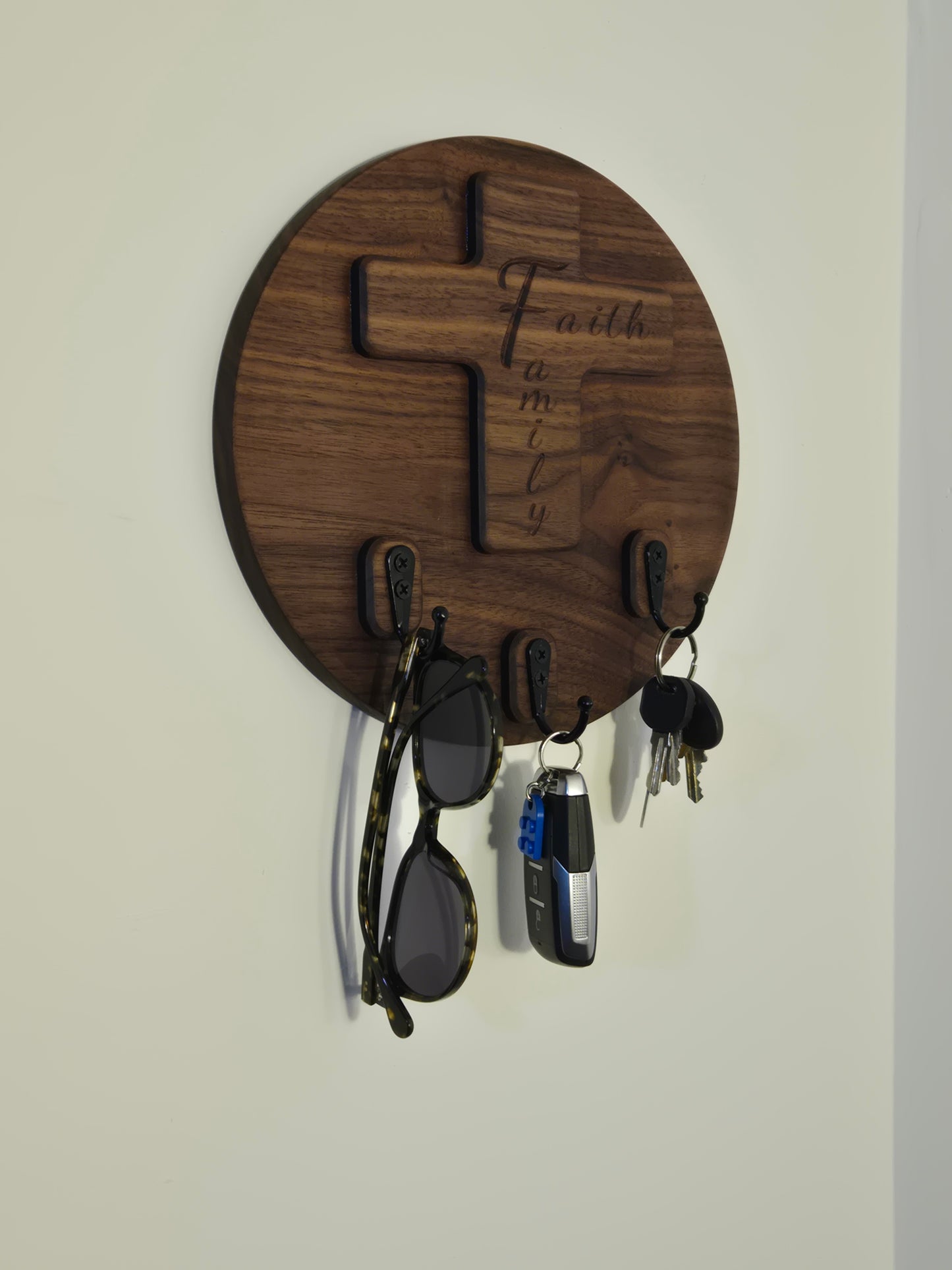 Faith & Family Solid Wood Cross Key Holder | Wall-Mounted Key Ring Organizer