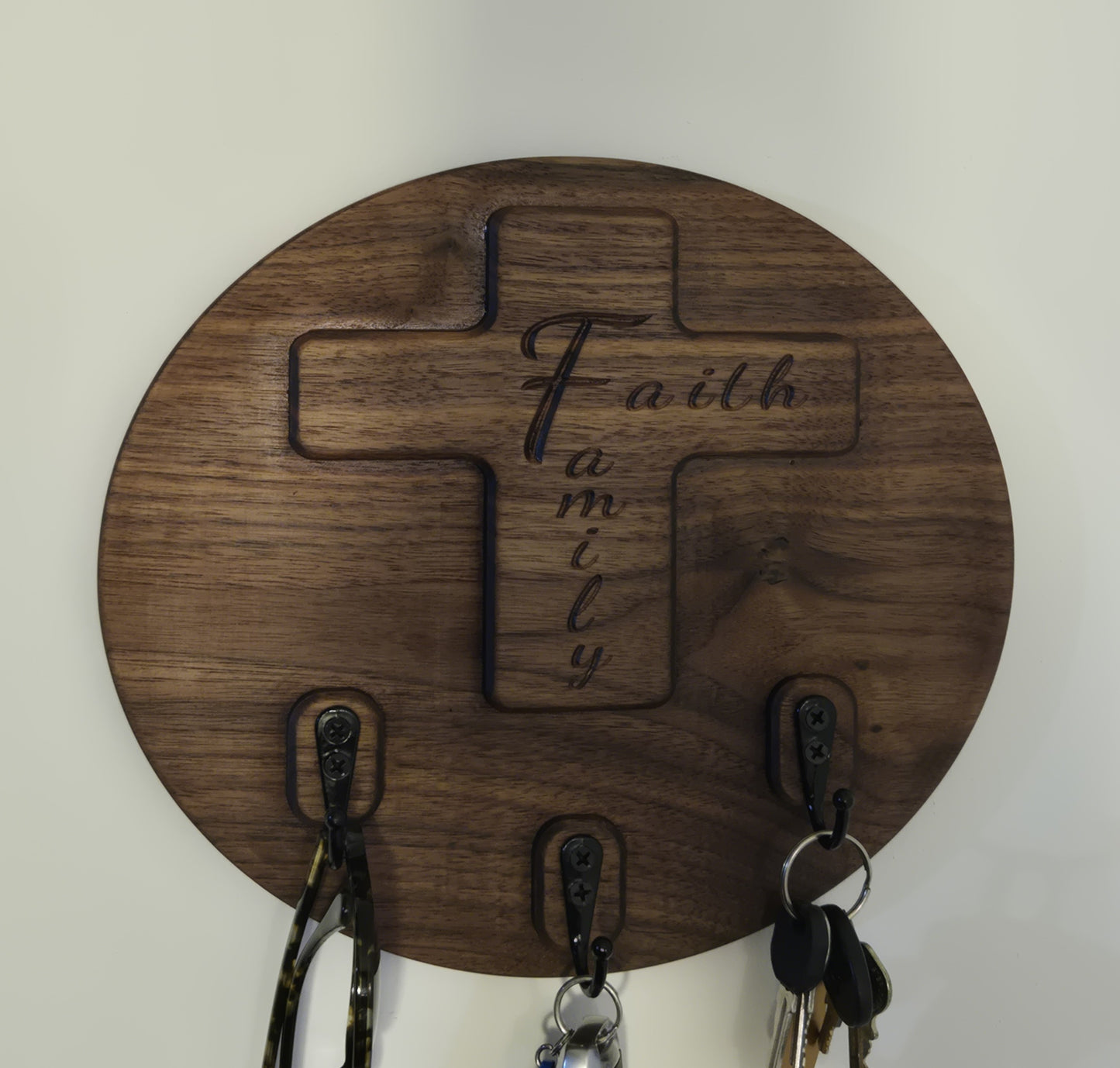 Faith & Family Solid Wood Cross Key Holder | Wall-Mounted Key Ring Organizer