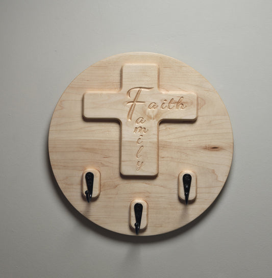 Faith & Family Solid Wood Cross Key Holder | Wall-Mounted Key Ring Organizer