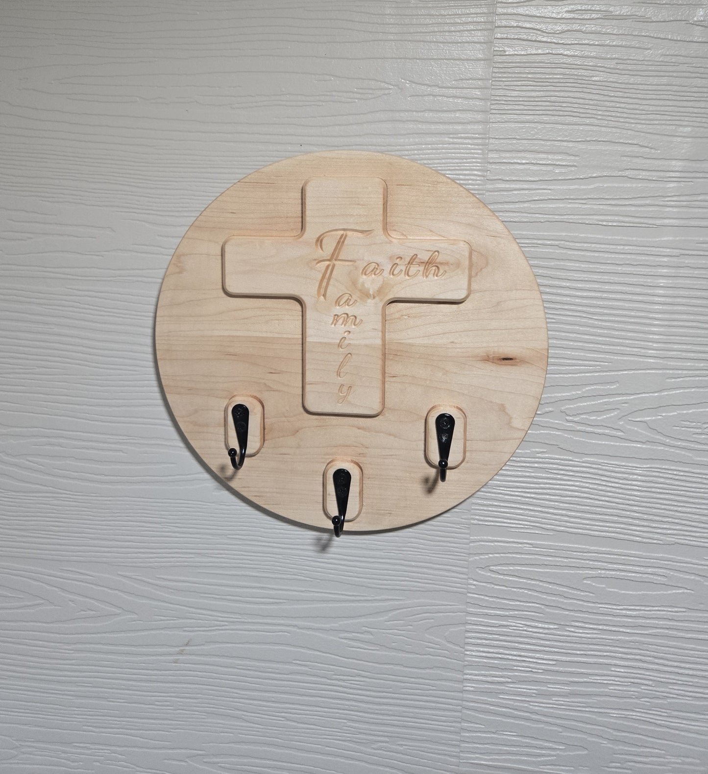 Faith & Family Solid Wood Cross Key Holder | Wall-Mounted Key Ring Organizer