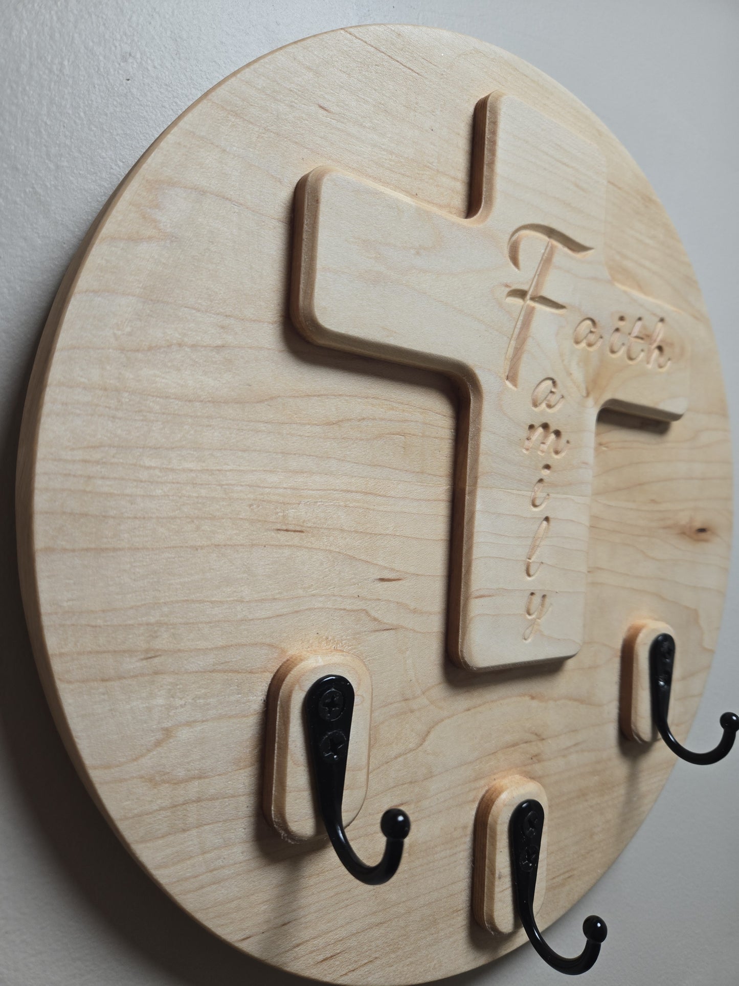 Faith & Family Solid Wood Cross Key Holder | Wall-Mounted Key Ring Organizer