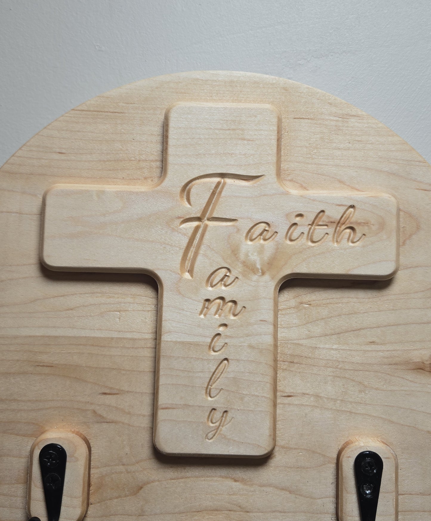 Faith & Family Solid Wood Cross Key Holder | Wall-Mounted Key Ring Organizer